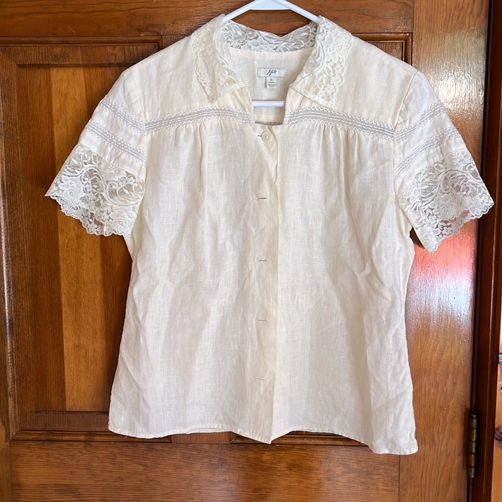 J. Jill Pale Yellow Linen Lacey Peasant Style Button Up Top Size Small